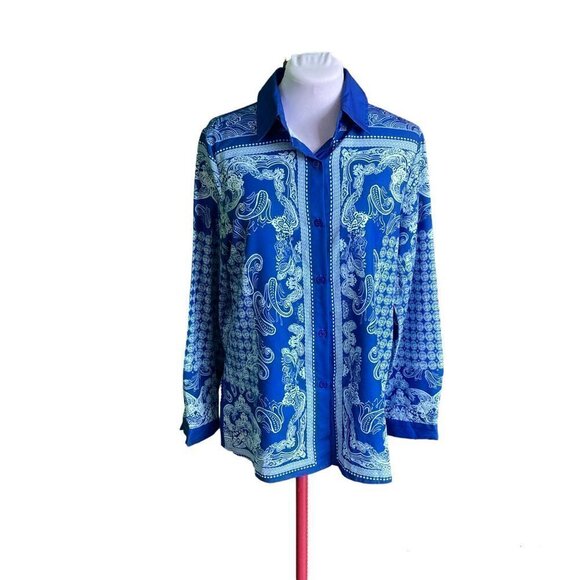 COZY Blue & White Paisley‎ Pattern Button-down Blouse, Size 6, New with Tags - Picture 1 of 13
